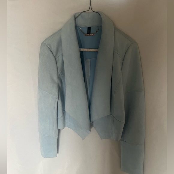 White House Black Market Faux-Suede Drape Front Jacket, Baby Blue, Smal - Picture 4 of 10